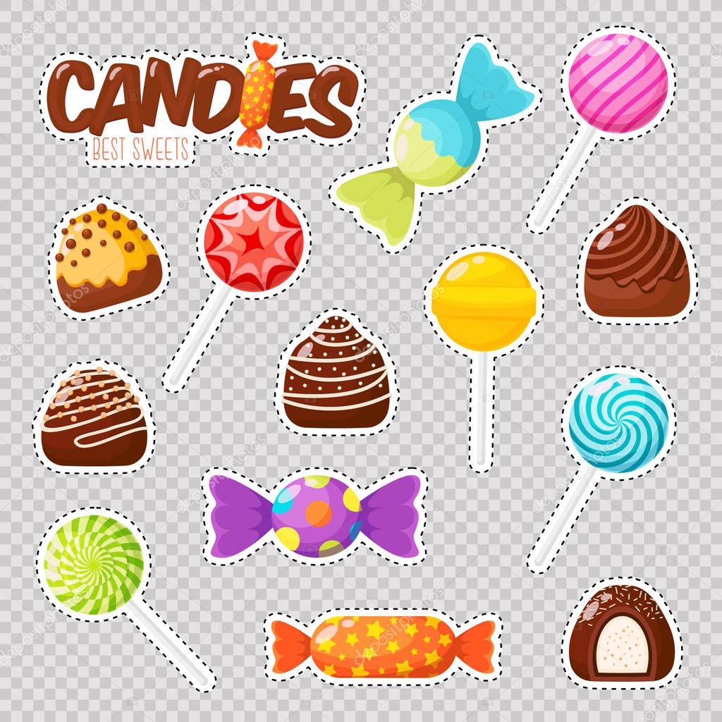 Patch badges with different types of assorted chocolates and lollipops. Set of stickers and patches with candies in cartoon 80-90s comic style. Vector illustration