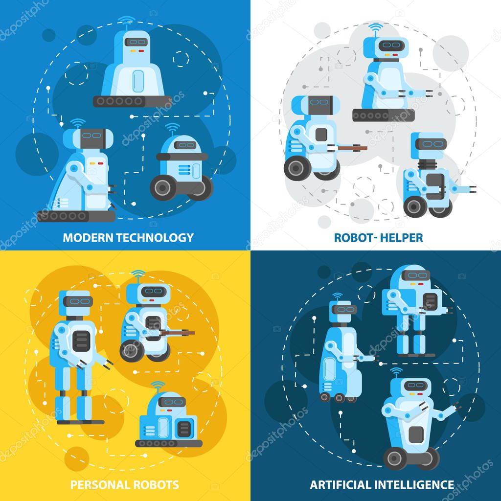 Artificial intelligence, robots are aides for home care. Modern technology, personal robots. Vector illustration.