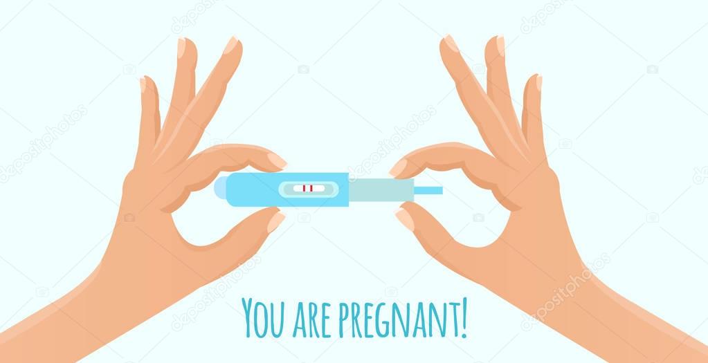 Woman holding positive pregnancy test in hand. Two test strips. Pregnancy. Hand holding a pregnancy test on a white background. Vector illustration