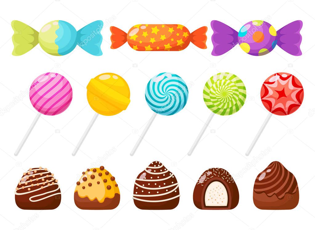 Candies, sweetmeats and assorted chocolates colorful lollipops. Sweets and candies icons set in modern flat style. Vector illustration