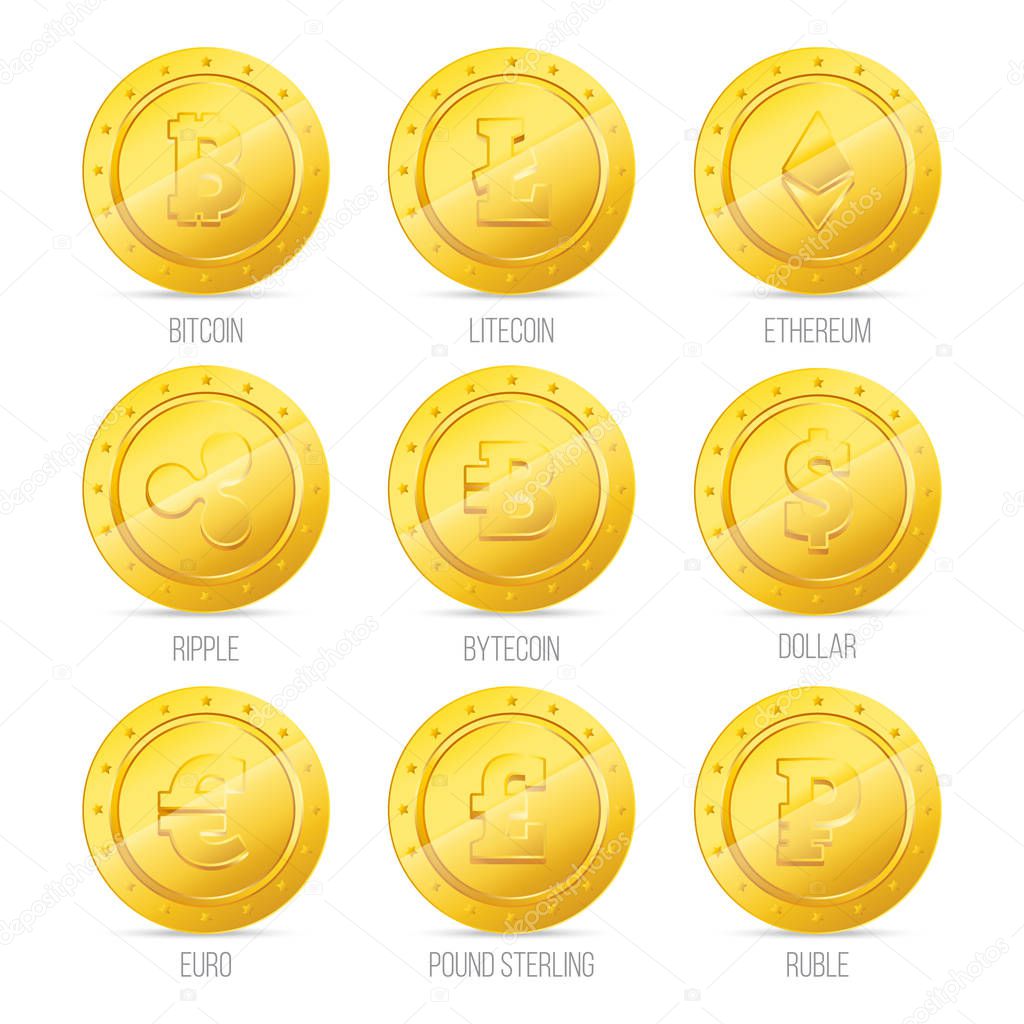 set of icons of gold coins. Cryptocurrency: bitcoin, litecoin, ethereum, ripple, bytecoin. Bank notes dollar, euro, pound sterling, ruble. Golden digital currency. Vector set for apps and websites