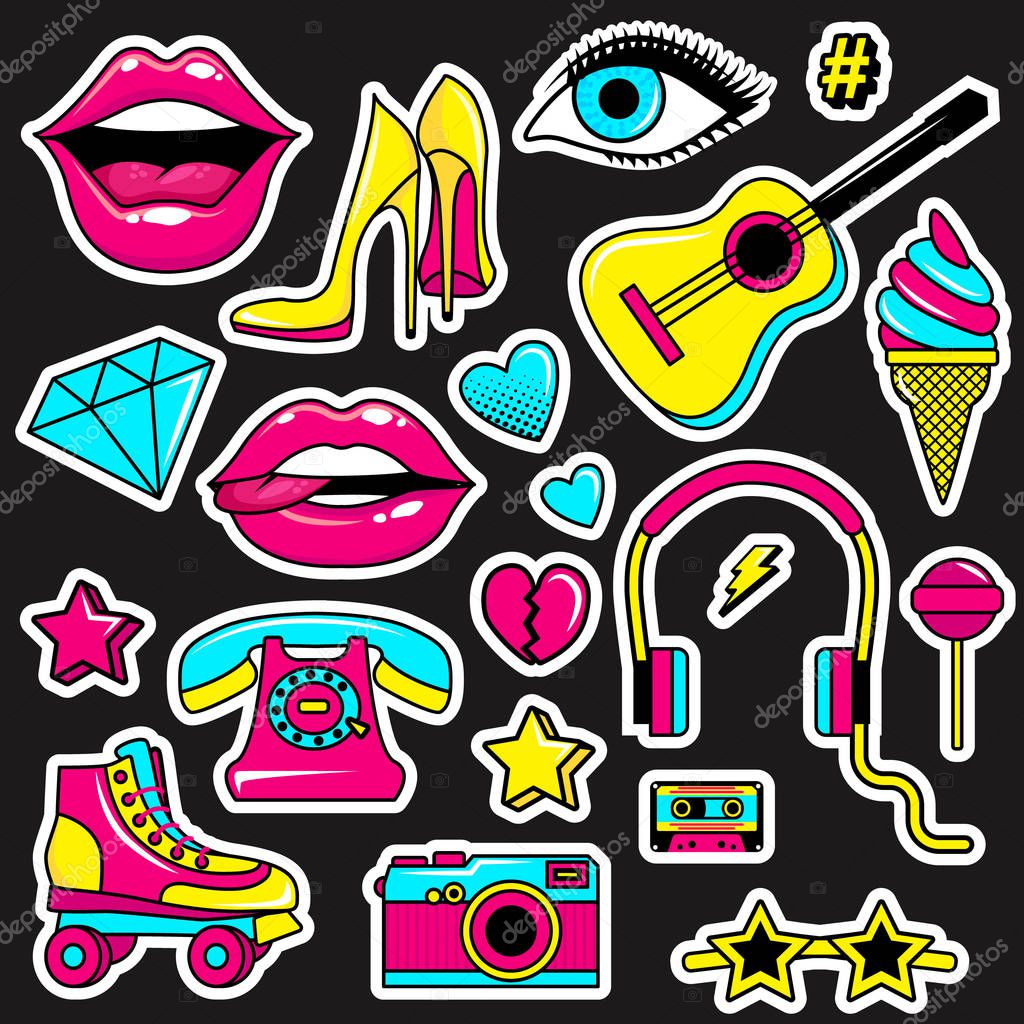 Fashion patch badges with lips, hearts,shoes, lipstick,cosmetics, stars and other elements with white stroke. Set of stickers and patches in cartoon 80s-90s comic style in vector.