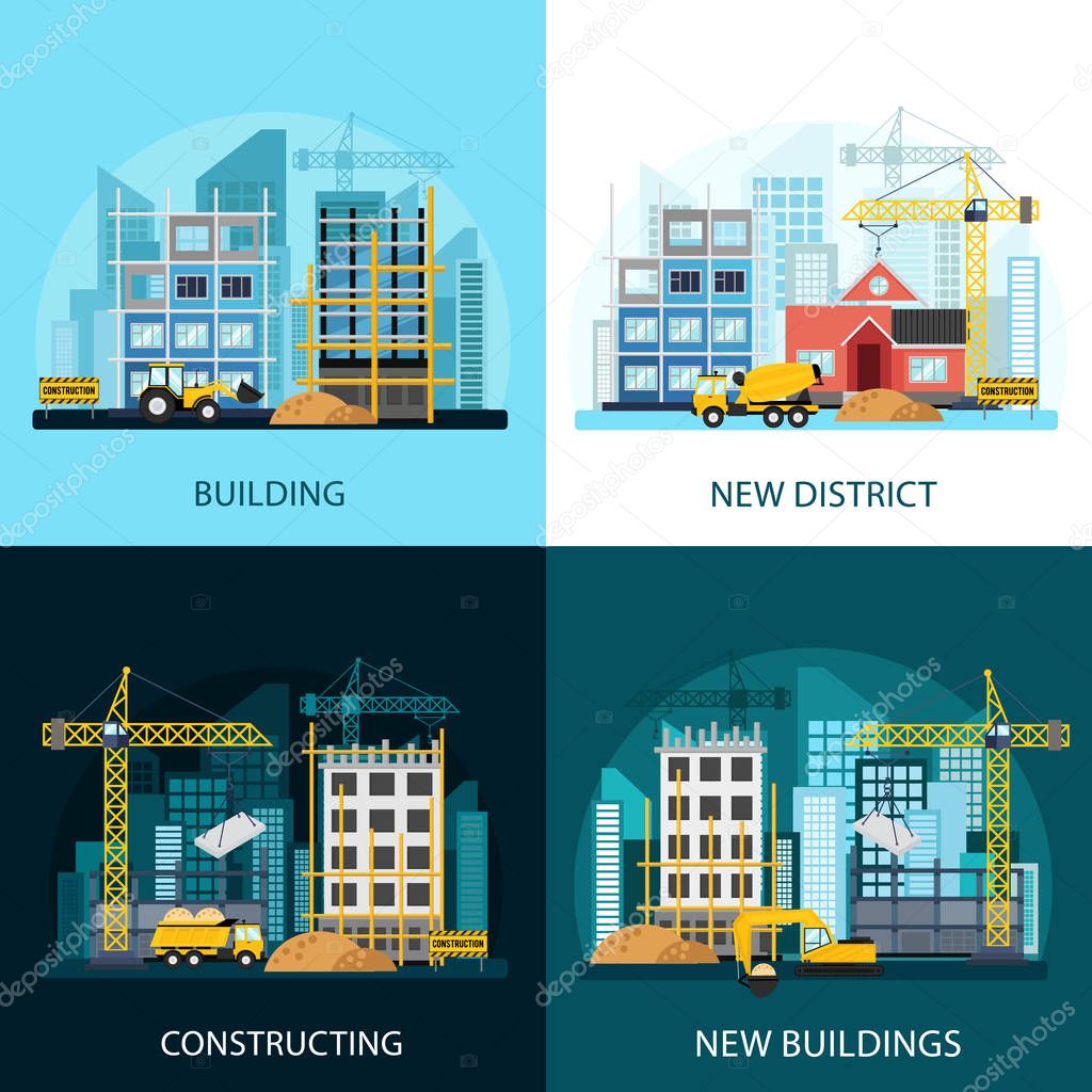 Construction banners set with construction equipment. Process of construction of residential houses. Building process and tools: bulldozer, excavator, tractor, concrete mixer and construction crane.