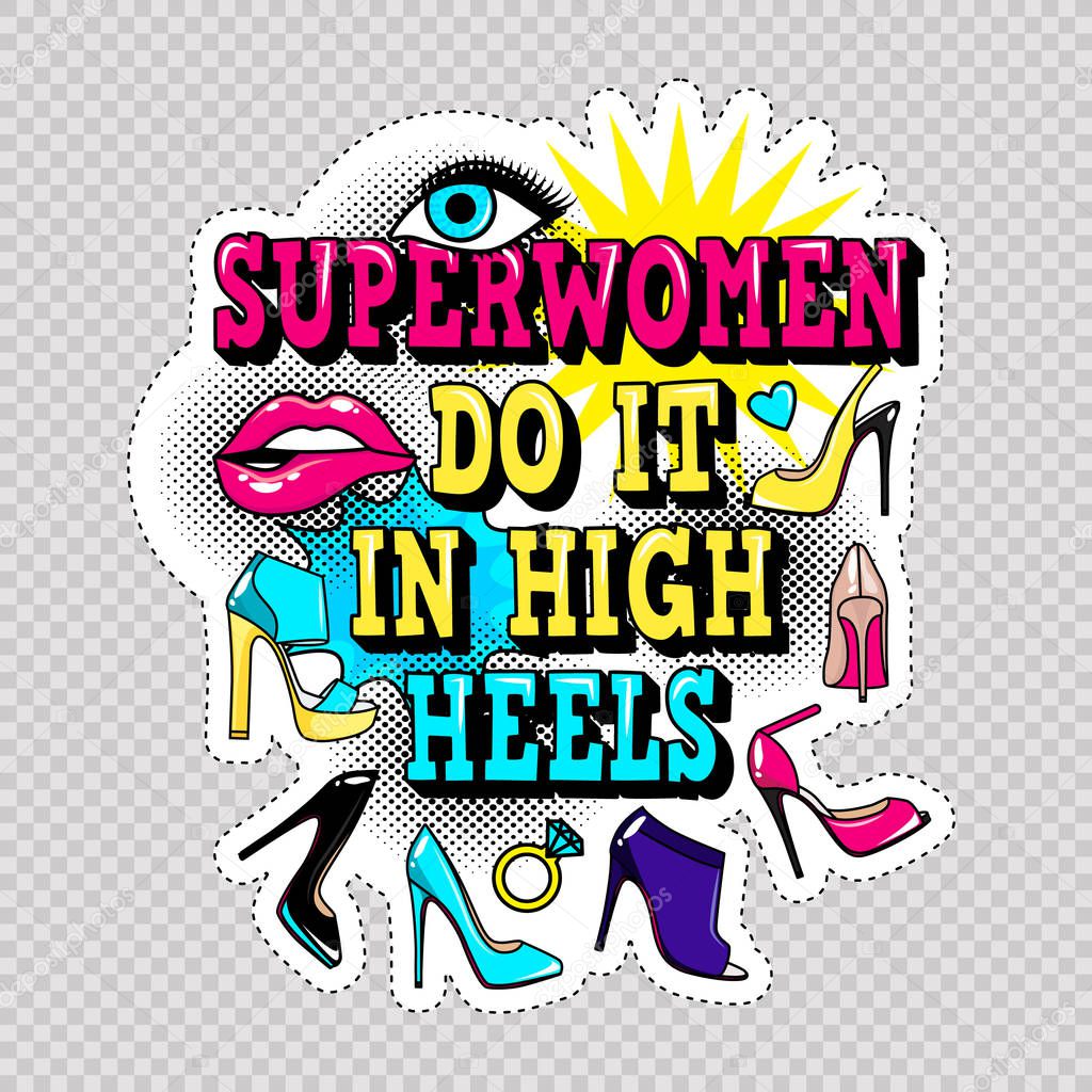 Fashion patch badges with lips, hearts, shoes and sexy quotes on white background with stroke. Set of stickers and patches in cartoon 80s-90s comic style in vector. Ready for print