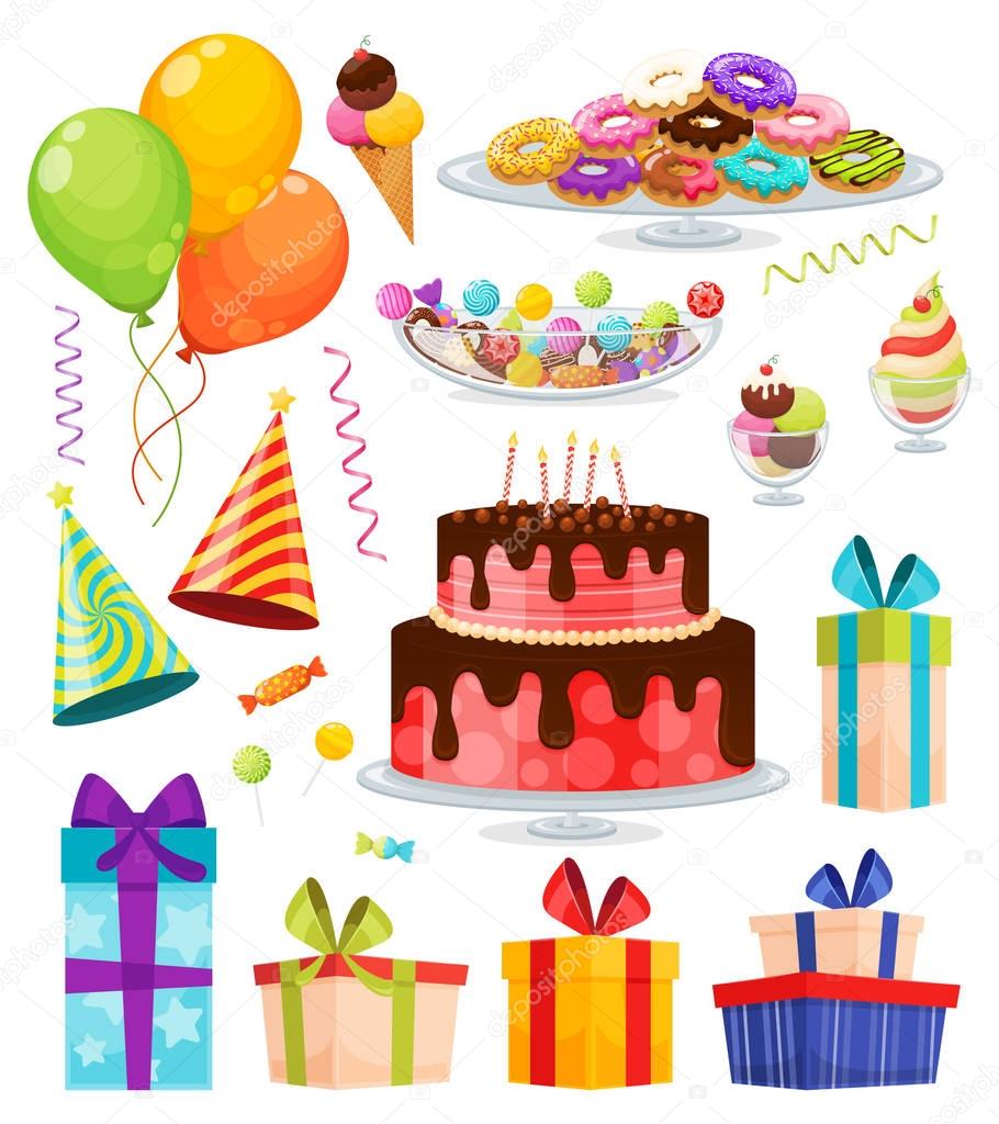 Patch badges with birthday cake, balloons, gift box, hats, ice cream, donuts and assorted lollipops. Set of stickers and patches with party elements in cartoon 80-90s comic style. Vector illustration