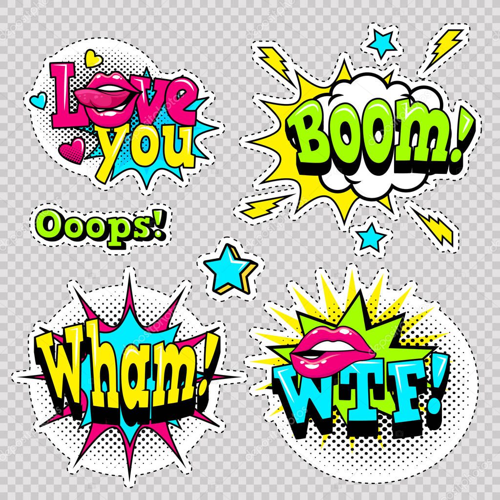 Comic sound effects in pop art vector style. Pop Art on a transparent background, bright stickers in the style of comics. Sound bubble speech with word and comic cartoon expression sounds illustration
