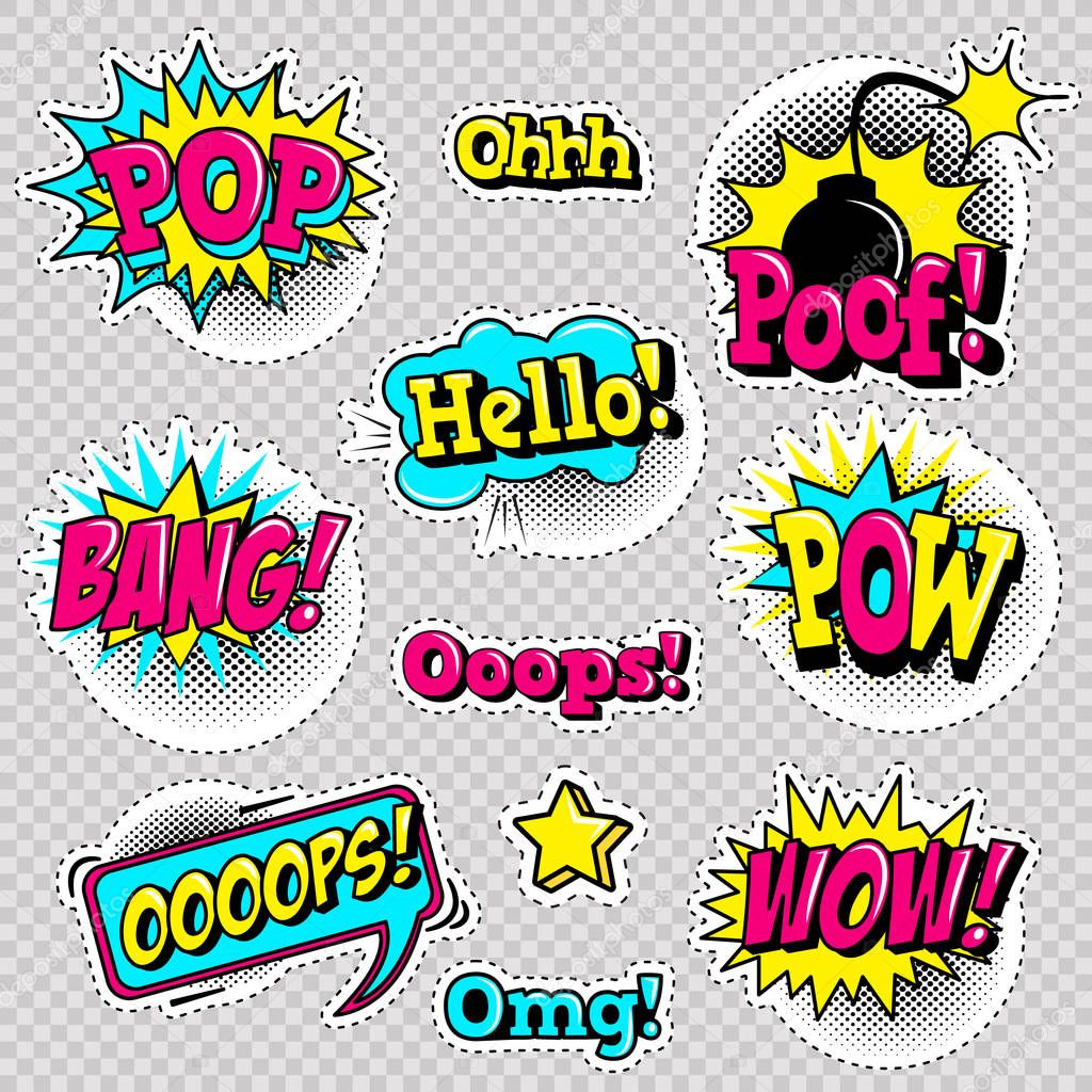  Set of stickers and patches in cartoon 80s-90s comic style in vector. Ready for print