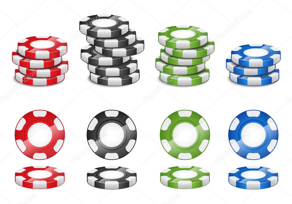 Realistic 3D casino chips stacks. Casino gambling chips in different colors with different angles. Vector illustration isolated on white background.