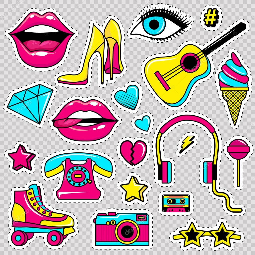 Fashion patch badges with lips, hearts,shoes, lipstick,cosmetics, stars and other elements with white stroke. Set of stickers and patches in cartoon 80s-90s comic style in vector. Ready for print