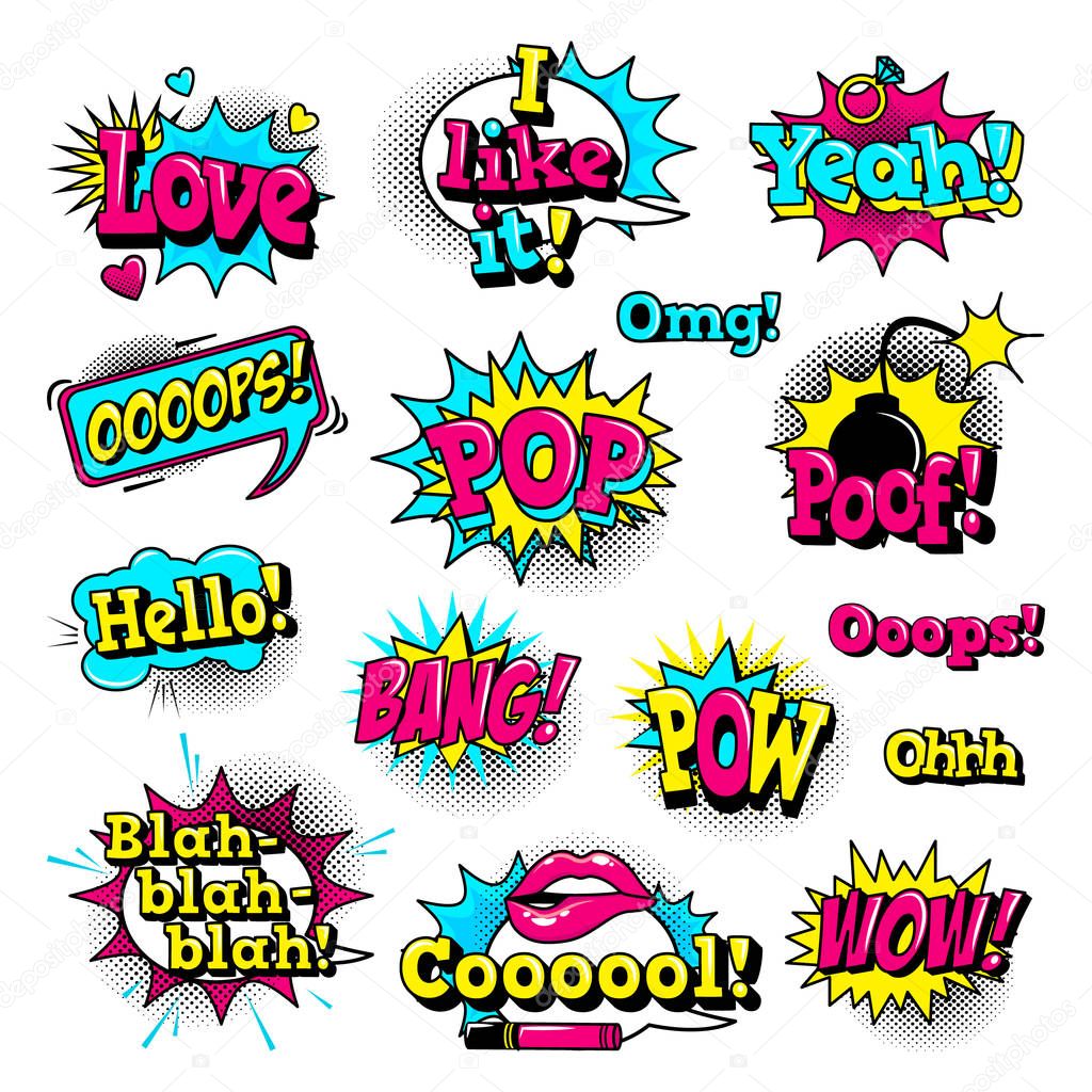 Fashion patch badges with lips, hearts,shoes, lipstick,cosmetics, stars, cool text and other elements with stroke. Set of stickers and patches in cartoon 80s-90s comic style in vector. Ready for print