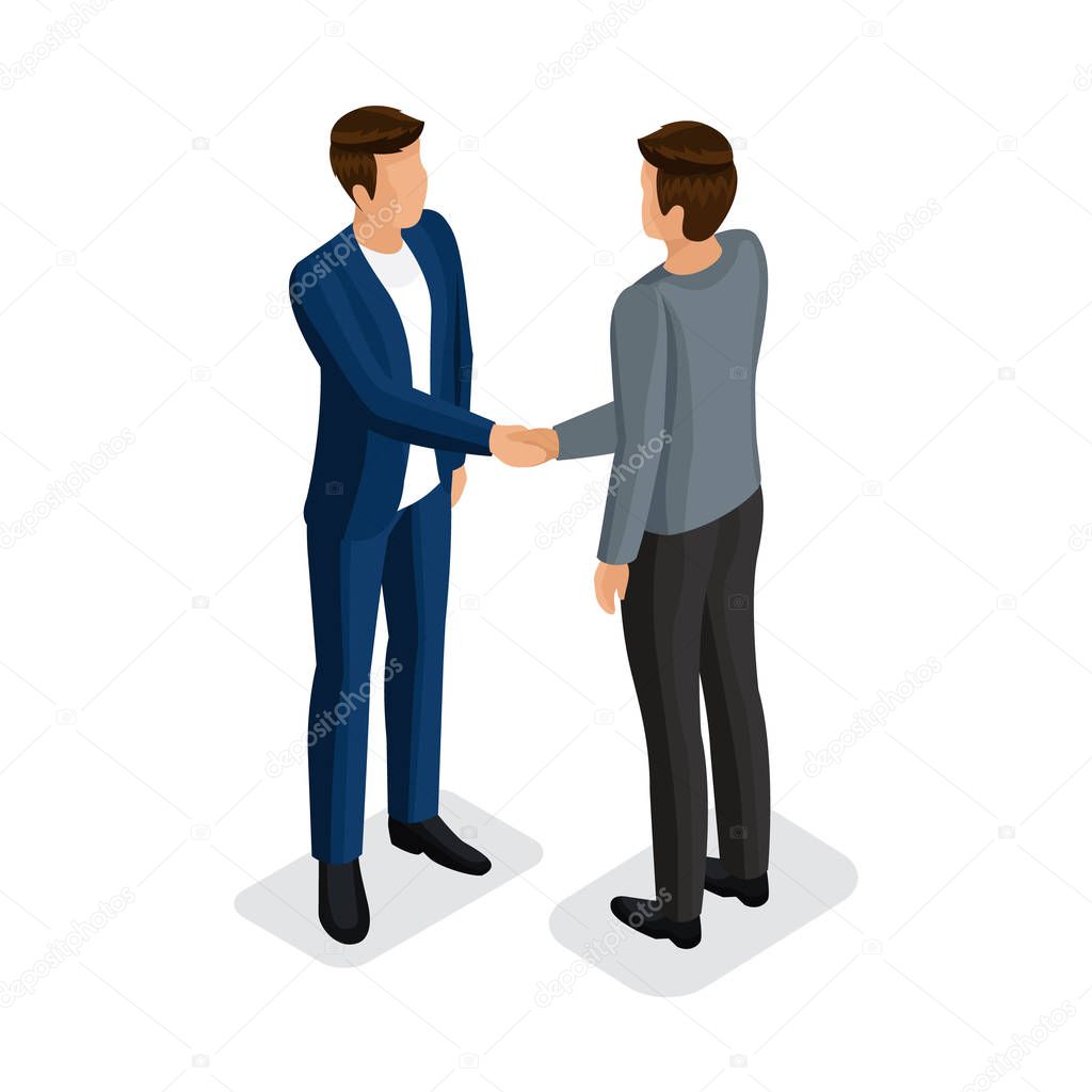 Modern men businessmen greet each other. A man in isometric 3d in a business suit with a briefcase. Vector illustration