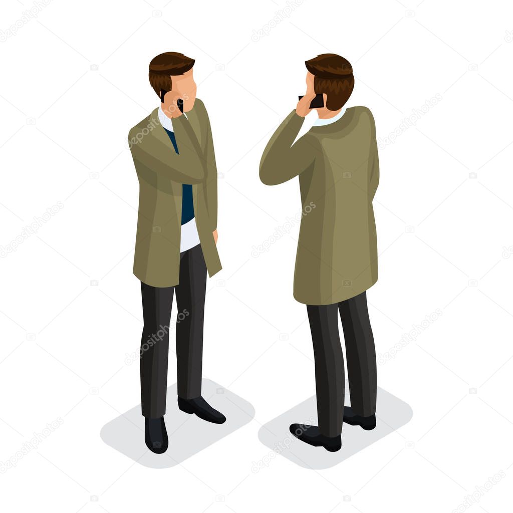 Modern businesspeople talking on the phone. Front view rear view. A man in isometric 3d in a raincoat and trousers with a phone. Vector illustration