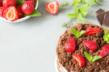 Çilek ve nane, beyaz krema ile çikolatalı kek.