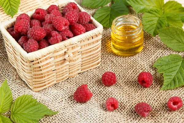 Frische Himbeeren im Weidenkorb und Honig, grüne Blätter — Stockfoto