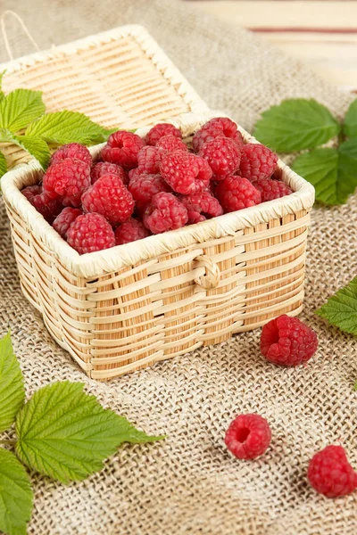 Fresh raspberries in a wicker box and honey, green leaves