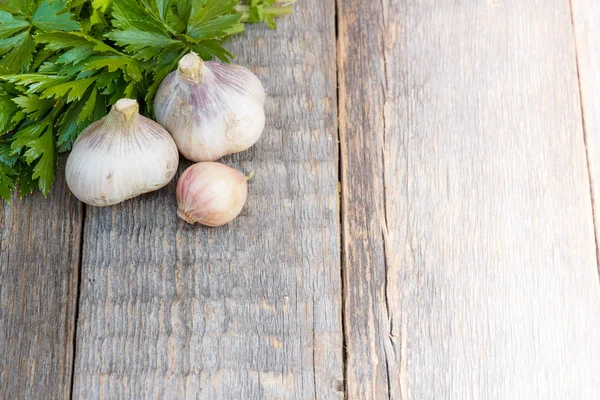 Sarımsak ve ahşap arka plan üzerinde otlar. Doğru beslenme, iyi sağlıklı yemek. Kopya alanı