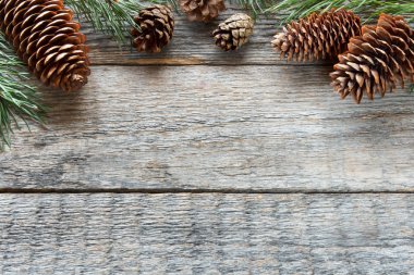 Çam kozalakları ve ahşap arka plan Christmas arka plan kopya alan seçici odak dallarda.