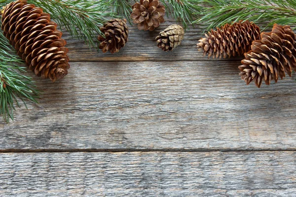 Çam kozalakları ve ahşap arka plan Christmas arka plan kopya alan seçici odak dallarda.