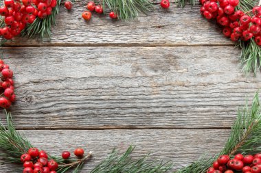 Çam ve ahşap arka plan üzerinde kırmızı Rowan şube Noel çerçeve. Kopya alanı.