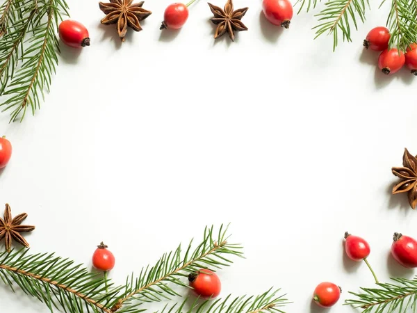 Noel süslemeleri beyaz bir arka plan, çilek rose hips, yıldız çam dalları. kopya alanı