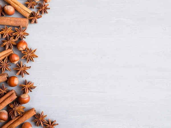 Hafif bir arka plan beton kopya alanı üzerinde yıldız fındık tarçın baharat