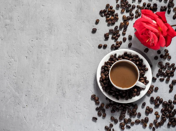 Цветущая красная чашка кофе розы, кофейные зерна на заднем плане под бетоном. Копирование пространства — стоковое фото