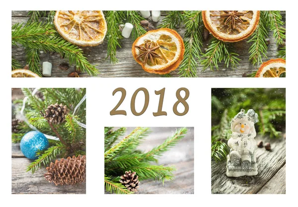Коллаж фотографий украшенных елок, украшений, подарков и зимних специй. Новогодняя подпись 2018 — стоковое фото