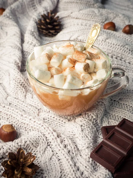 Cozy winter home background. Cocoa in a glass Cup with a marshmallow, chocolate cinnamon cones and nuts