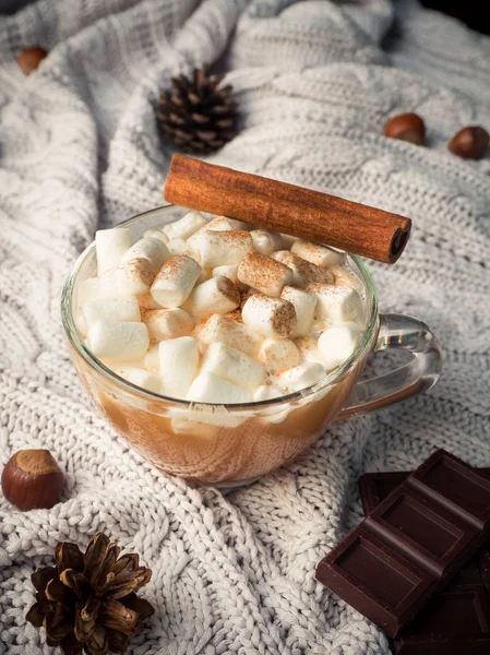 Cozy winter home background. Cocoa in a glass Cup with a marshmallow, chocolate cinnamon cones and nuts