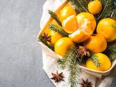Yıldız anason tarçın gri arka plan kopya alanı üzerinde köknar ağacı dalları, ahşap sepet içinde taze mandalina