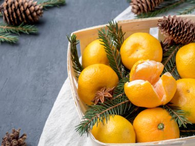 Bir köknar ağacının dalları ile ahşap sepeti, yıldız anason tarçın gri arka plan üzerinde taze mandalina