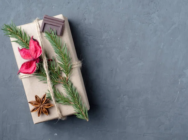 Noel hediye kutusu gri beton arka plan kopya alanı üzerinde kış baharatlar ile kağıt