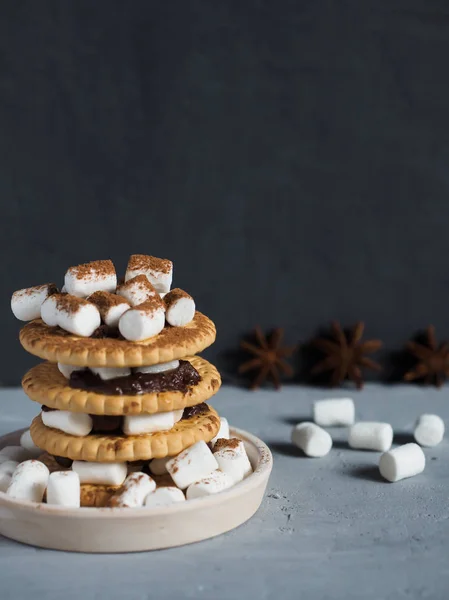 Marshmallow brownies com chocolate sobre os biscoitos em camadas sobre fundo de concreto cinza texturizado. Espaço de cópia . — Fotografia de Stock