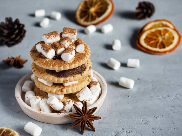 Zefir ciasteczka z czekoladą na pliki cookie w warstwach na betonowe podłoże. Kopiować miejsca. Boże Narodzenie układu, — Zdjęcie stockowe