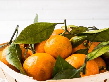 Taze mandalina veya mandalina sapları ve yaprakları Beyaz ahşap zemin üzerindeki kutuda ile