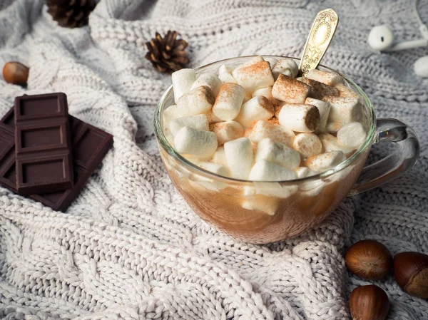 Cozy winter home background. Cocoa in a glass Cup with a marshmallow, chocolate cinnamon cones and nuts