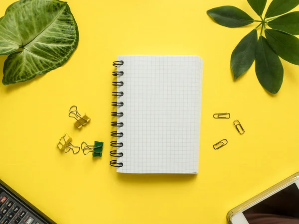 Negócios flat lay com espaço de cópia, calculadora, lápis, Bloco de notas sobre fundo amarelo colorido Plantas folhas verdes — Fotografia de Stock