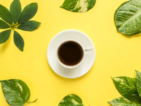 Taza de café en el centro sobre fondo amarillo con hojas verdes — Foto de Stock