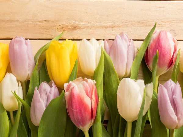 Marco de tulipanes multicolores sobre fondo de madera —  Fotos de Stock