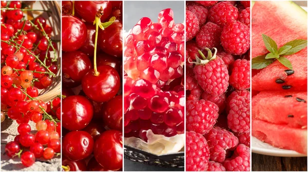 Kolaż z różnych owoców, jagód, kolor czerwony — Zdjęcie stockowe