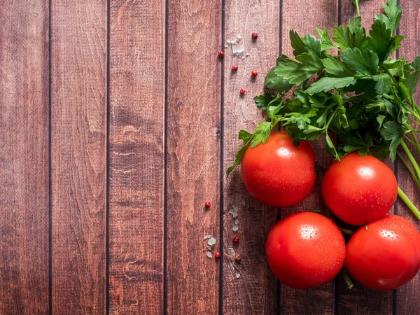 stock image Red Fresh Tomatoes Parsley Pepper on wooden background Copy space Selective focus