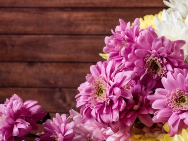 Çok renkli krizantem kahverengi ahşap arka plan üzerinde yer metin için buket