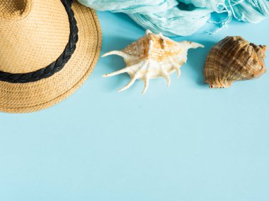 Hasır kabuk şapka pastel mavi arka plan tatil kavramı düz üzerinde yatıyordu. Üstten Görünüm. Kopya alanı
