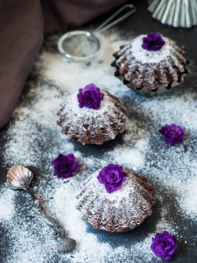 Pudra şekeri, mor çiçekler, seçici odak ile çikolatalı kek. Karanlık