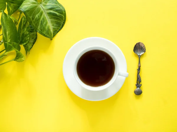 Hojas verdes planta de café Copa en el escritorio amarillo, plano, espacio de copia . — Foto de Stock