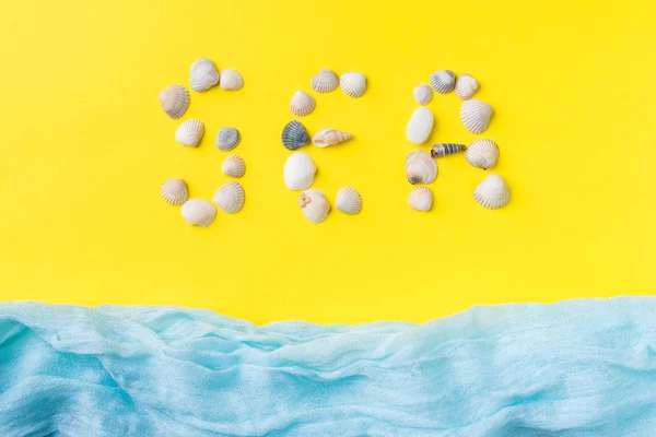 El concepto de vacaciones de verano. Conchas de mar fondo amarillo Bufanda azul imitación mar Texto de conchas MAR — Foto de Stock
