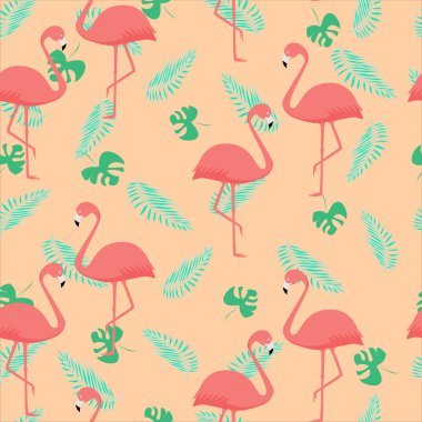 Kusursuz mercan flamingo deseni ve palmiye yaprakları. Pastel arka plan duvar kağıdı. Vektör.
