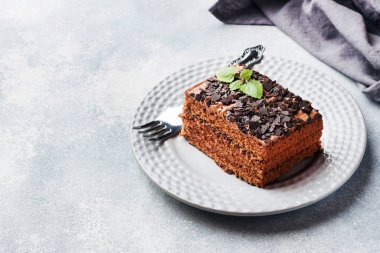 Gri beton arka planda çikolatalı bir parça mantarlı kek. Boşluğu kopyala