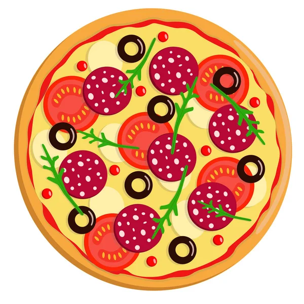 Vector drawing of a whole round pizza with tomatoes, pepperoni sausage, olives cheese and arugula. Isolated on white.