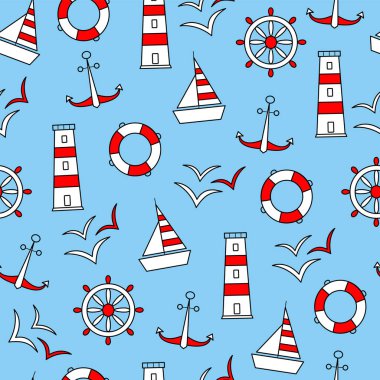 Deniz elementlerinin kusursuz vektör deseni Anchor Wheel Martı Deniz feneri ve bir cankurtaran halatı simgeleri. Mavi arka planda kırmızı beyaz.